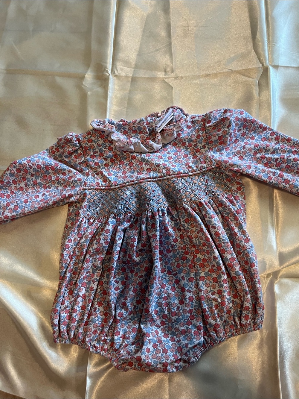 Smocked Floral Long-Sleeve Baby One-Piece - Pink & Blue
